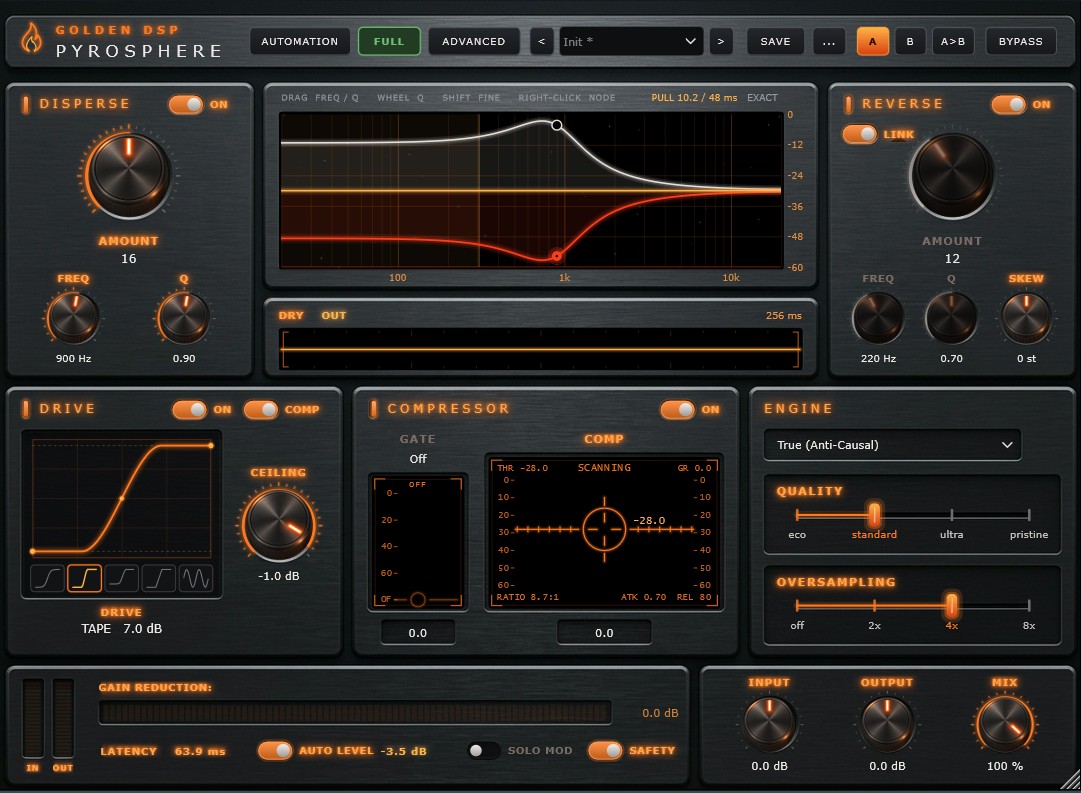The Pyrosphere interface: Disperse, Reverse, Drive, Compressor and Engine panels around a live phase display